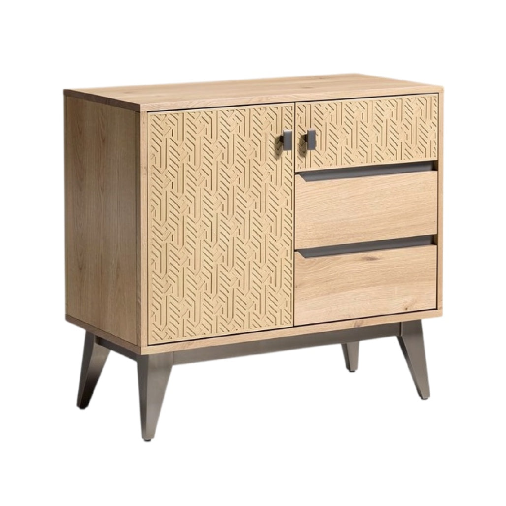 **Technische titel in het Nederlands: Moderne houten kast met patroon en metalen handgrepen**